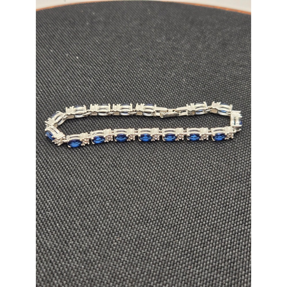Avon Silver Tone Faux Blue Sapphire and Rhinestone Tennis Bracelet 6.75 Inch
